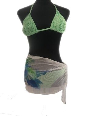 Light Green Crochet Bikini Top with Sheer Floral Sarong